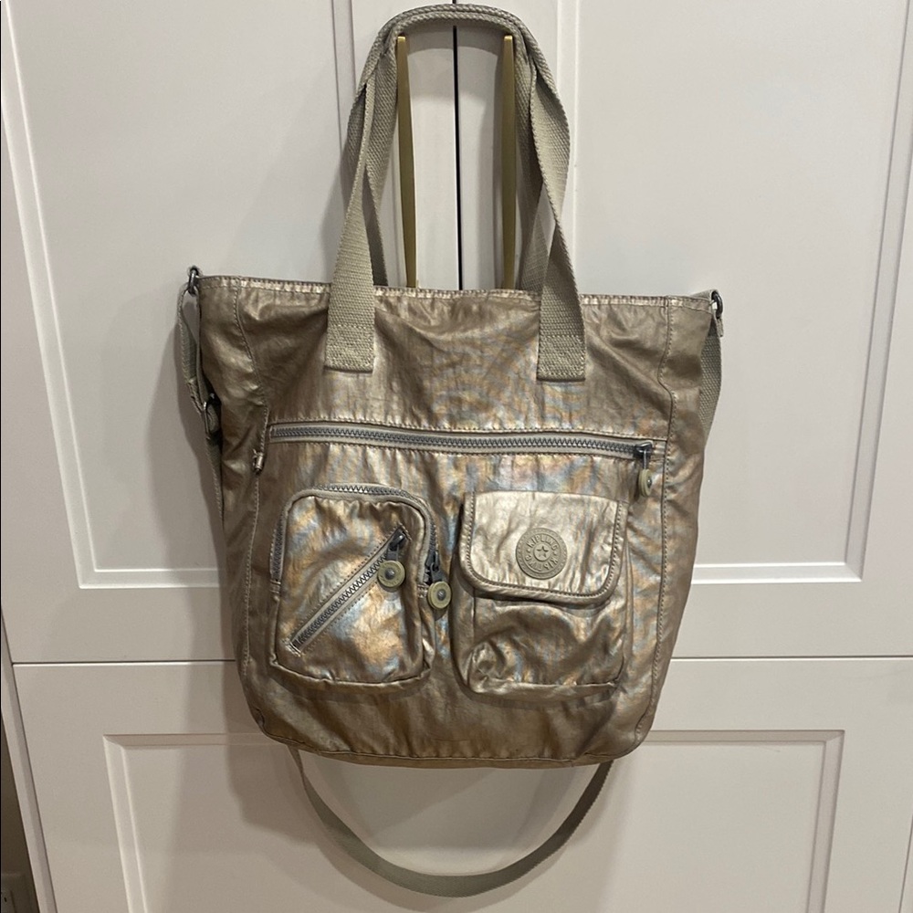 KIPLING gold Metallic distressed Fabric Tote/Crossbody Bag with lots of storage